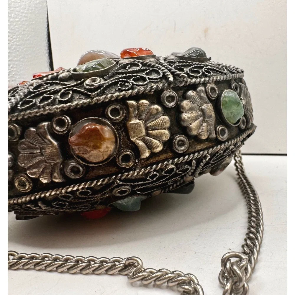 Vintage Sajai handmade‎ metal filigree with precious stones inlay & chain strap